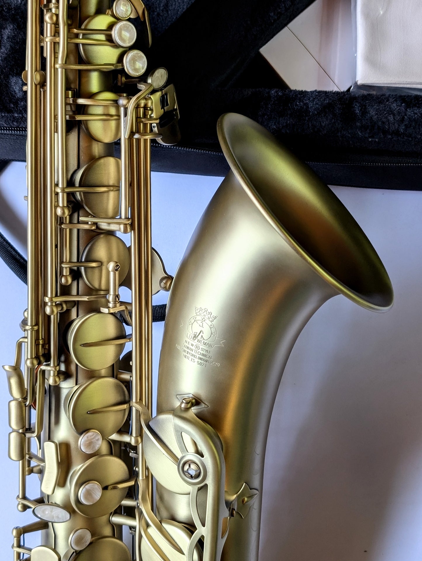 Lus Weman tenor saxophone with vintage matte finish, high F# key, premium pads and resonators for intermediate to advanced players