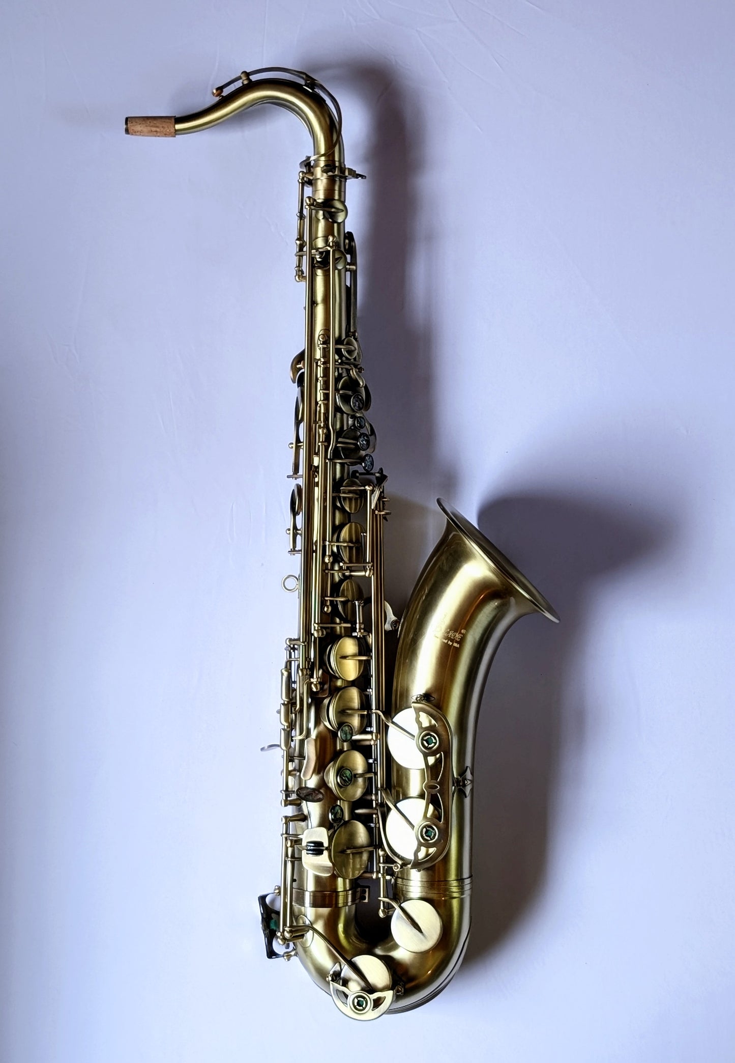 Slade matte brass tenor saxophone with traditional curved body, responsive key action, and reinforced posts for student musicians