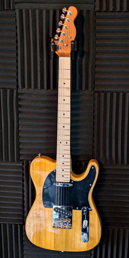 Yellow natural finish Telecaster-style electric guitar with wood grain visible, dual single-coil pickups, Premium setup by PNW Music
