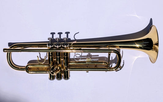 Bright brass student trumpet by PNW Music with classic brass finish and upgraded 7C mouthpiece for beginning musicians