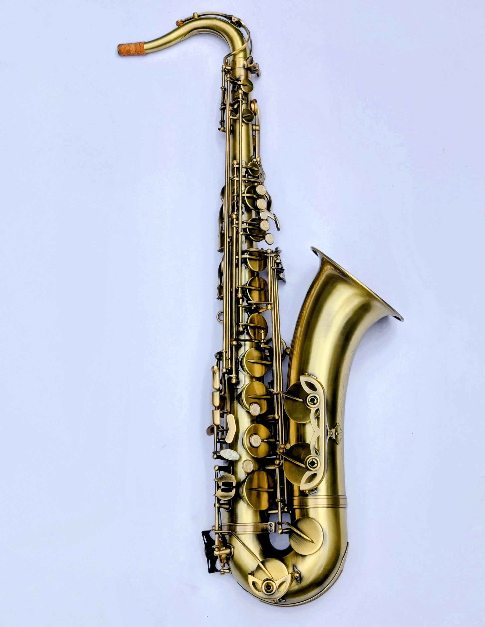 House matte brass tenor saxophone with responsive key action, reinforced posts, perfect for student and developing players
