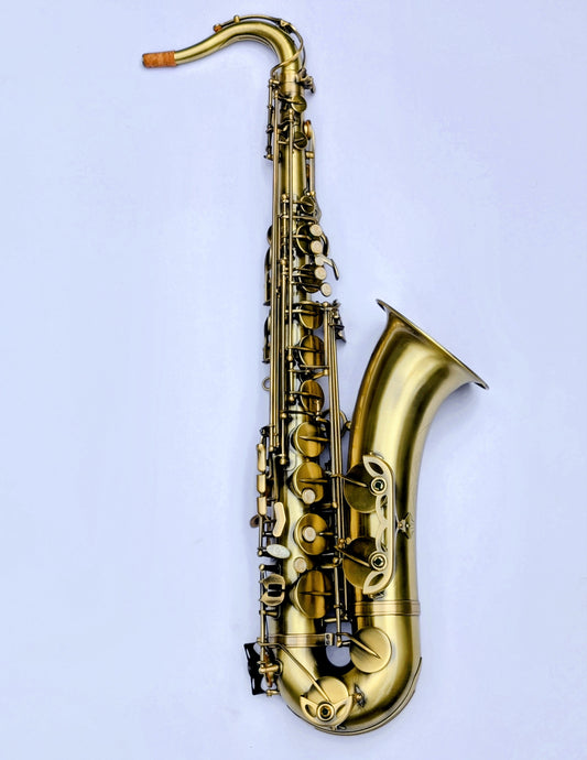 House matte brass tenor saxophone with responsive key action, reinforced posts, perfect for student and developing players