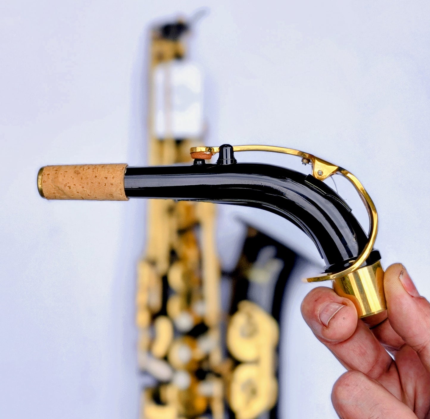 Black lacquered alto saxophone with brass keys and decorative engraving, featuring Premium high F# key for extended range