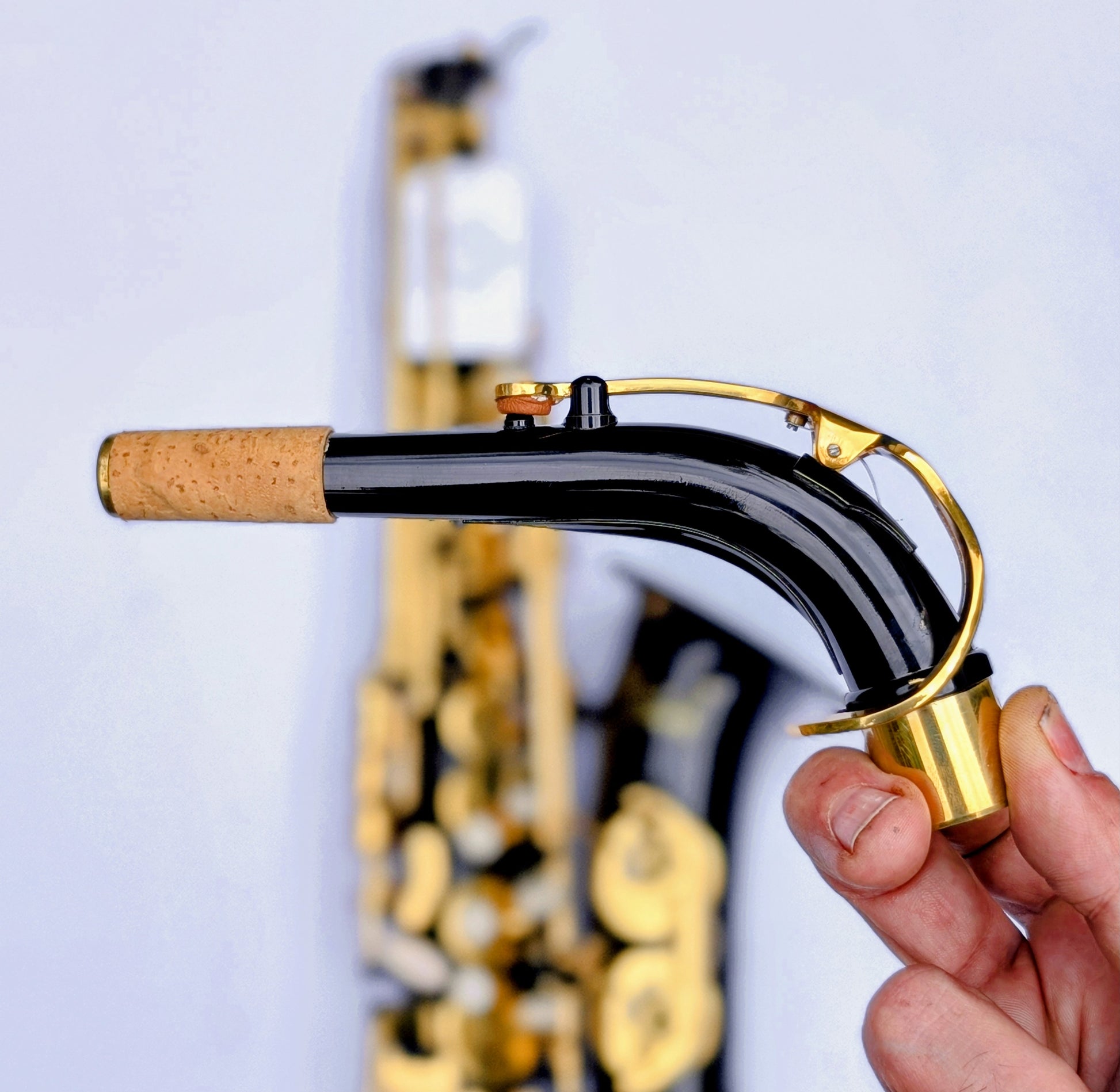 Black lacquered alto saxophone with brass keys and decorative engraving, featuring Premium high F# key for extended range