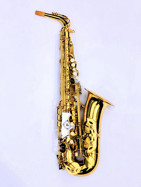 Bright brass finish alto saxophone by PNW Music featuring Premium high F# key for beginning and developing players