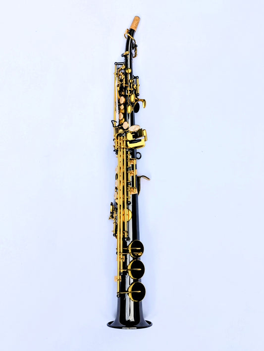 Black nickel-plated soprano saxophone from PNW Music Foundation II series with brass keys and dark metallic finish for Premium musicians