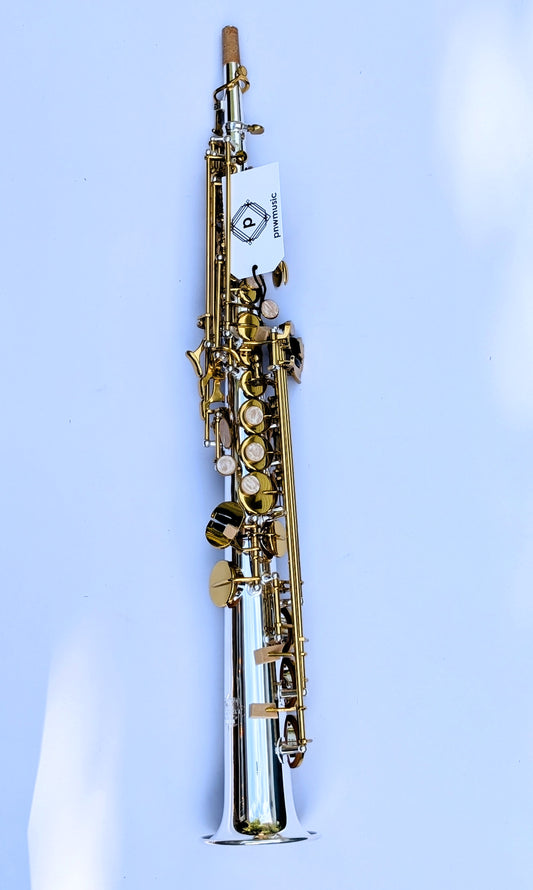 Silver-plated soprano saxophone with brass keys from PNW Music Foundation II series, Premium wind instrument for jazz and classical