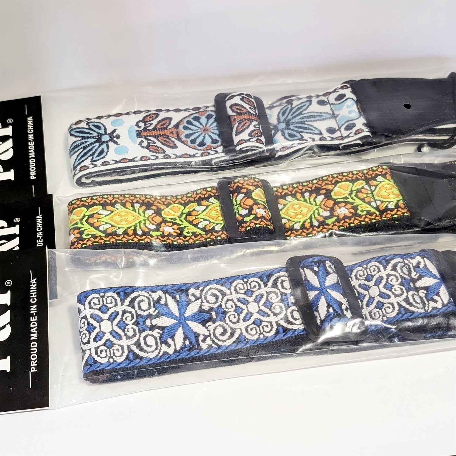 Handcrafted embroidered guitar strap with unique colorful patterns, suitable for acoustic, electric, and bass guitars