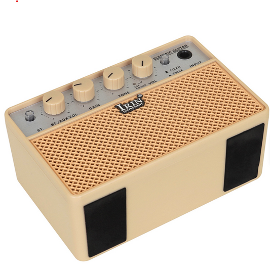 IRIN BA-10 compact 10W guitar amplifier with Bluetooth connectivity, USB-C charging port, headphone jack, and distortion effects
