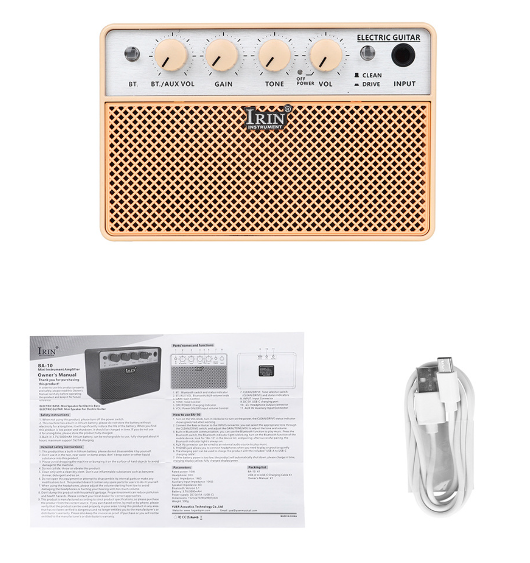 IRIN BA-10 compact 10W guitar amplifier with Bluetooth connectivity, USB-C charging port, headphone jack, and distortion effects