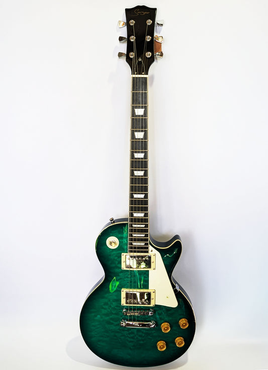Emerald green Les Paul style electric guitar with stunning flame maple top and premium humbuckers by PNW Music