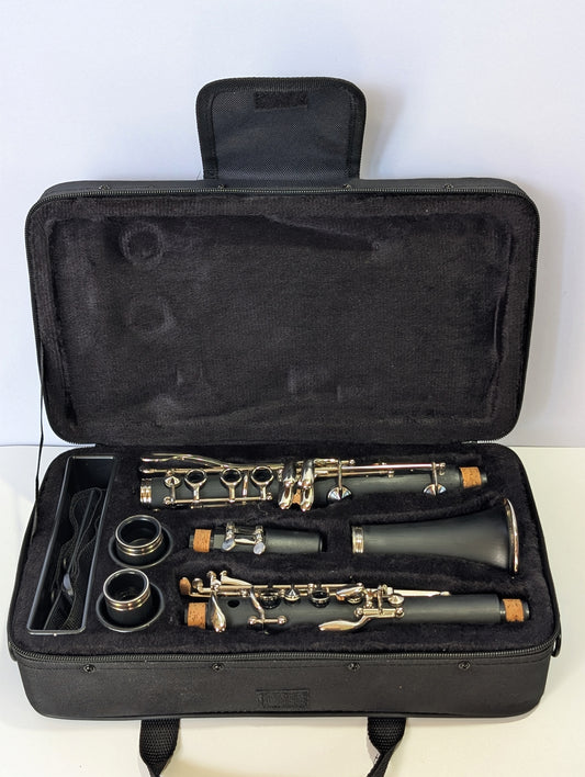 Slade brand student soprano clarinet with black Bakelite body, nickel-plated keys, and dual barrels for intonation flexibility