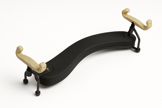 Black ergonomic shoulder rest for 4/4 full-size viola with curved padded support and adjustable metal clamps for secure positioning