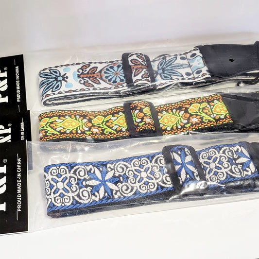 Handcrafted embroidered guitar strap with unique colorful patterns, suitable for acoustic, electric, and bass guitars