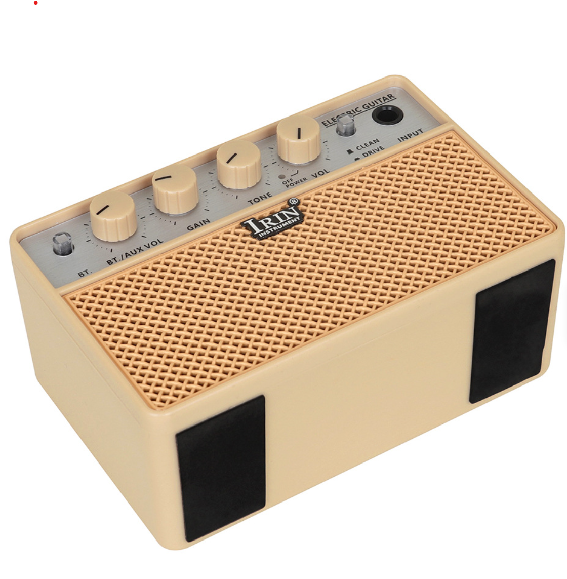 IRIN BA-10 compact 10W guitar amplifier with Bluetooth connectivity, USB-C charging port, headphone jack, and distortion effects
