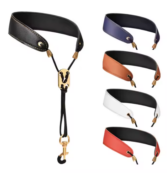 Adjustable saxophone neck strap with ergonomic padding for comfortable extended playing and reduced neck strain during performances